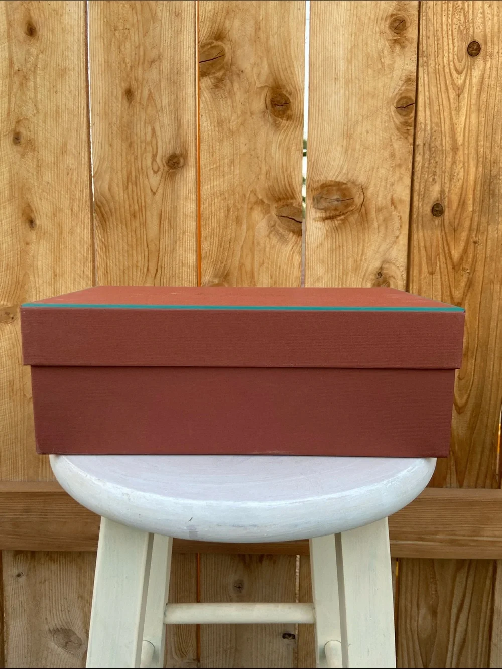 Loro Piana Shoe Box in Classic Rust w/ Turquoise Trim, 2 Dust Bags & Ribbon
